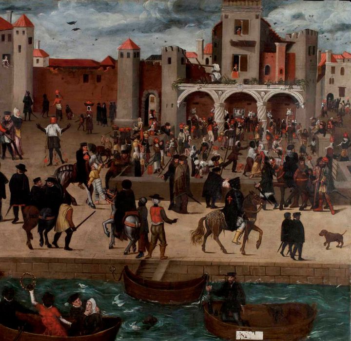 Une peinture historique représentant une scène de marché avec de nombreuses personnes, des chevaux et des bateaux, sur fond de bâtiments et d'une architecture médiévale.