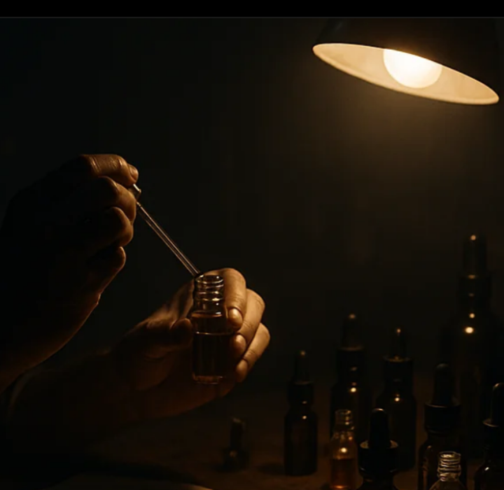 A scene set in an artisanal perfume laboratory. The scene is dark, lit by a desk lamp. A hand can be seen holding a measuring pipette, immersed in a bottle of perfume ingredient.