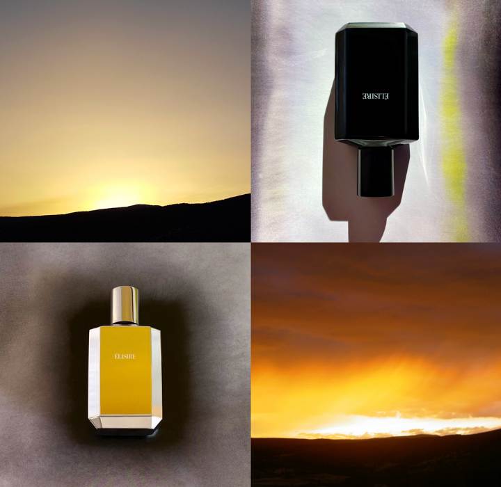 A twilight sky with a setting sun, a dark-colored perfume bottle resting on a reflective surface, and another perfume bottle containing a golden liquid against a luminous background.