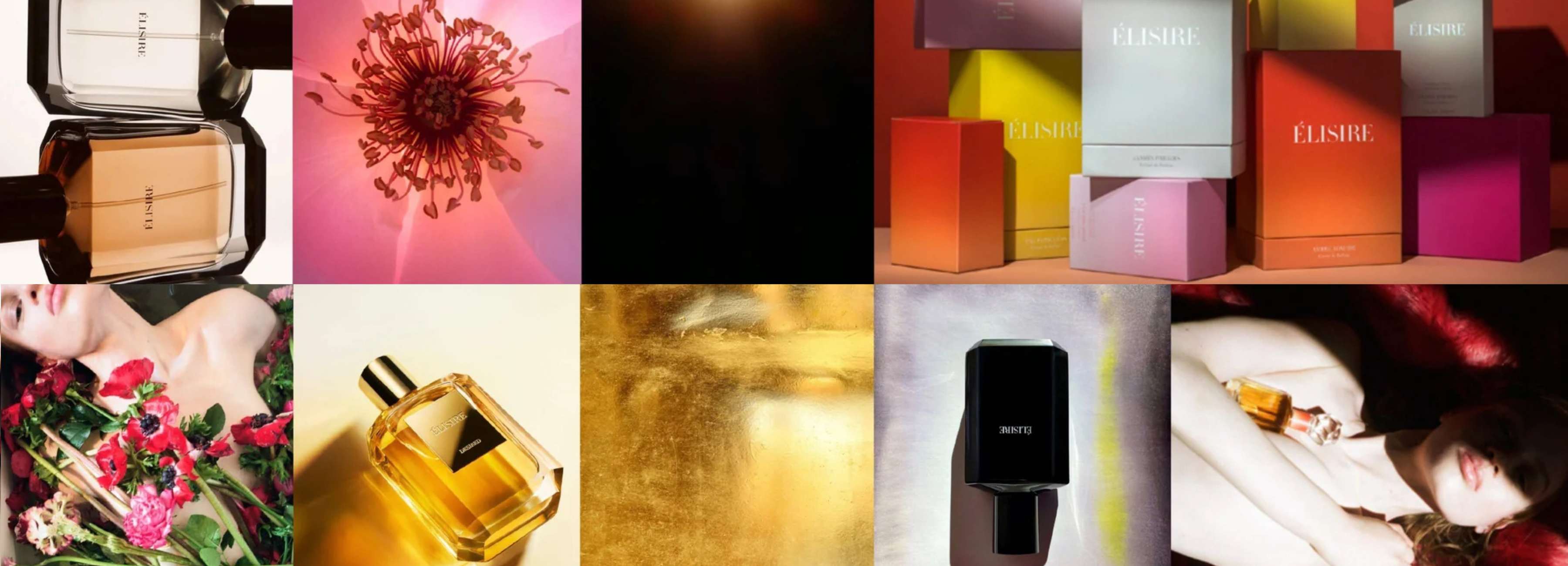 A composition of images including two modernly shaped perfume bottles, a close-up of a pink flower, colorful perfume boxes (orange, yellow, pink, and purple), a gold perfume bottle, and flowers in the foreground, all against an artistic background.