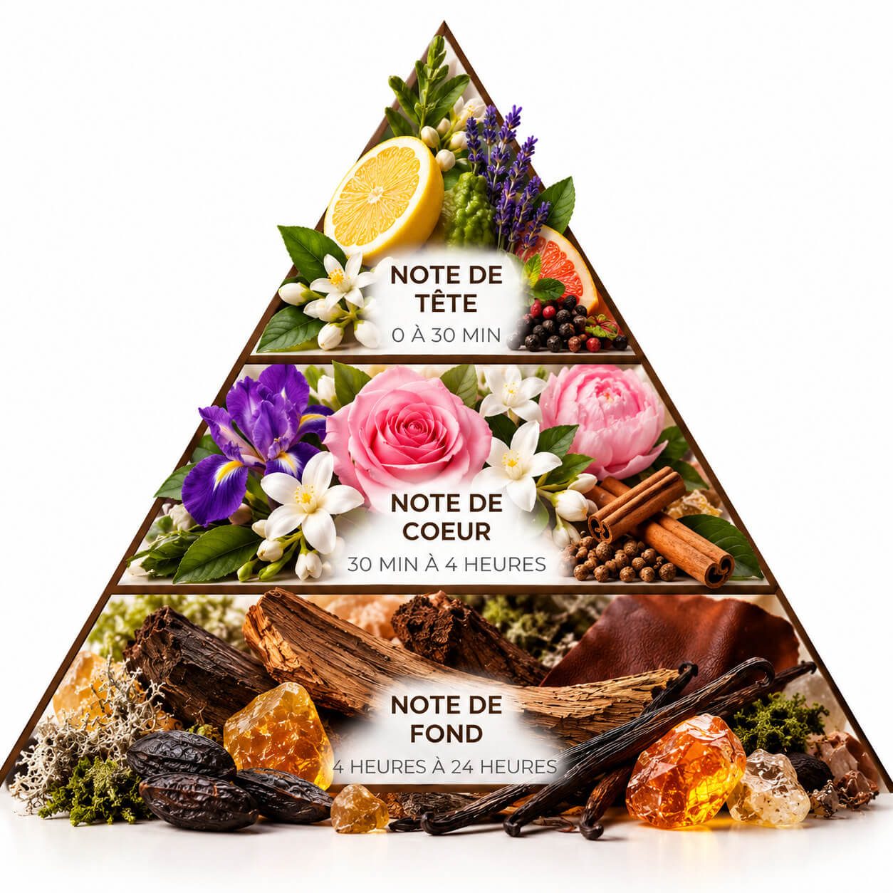Olfactory pyramid: top, heart, and base notes of a perfume