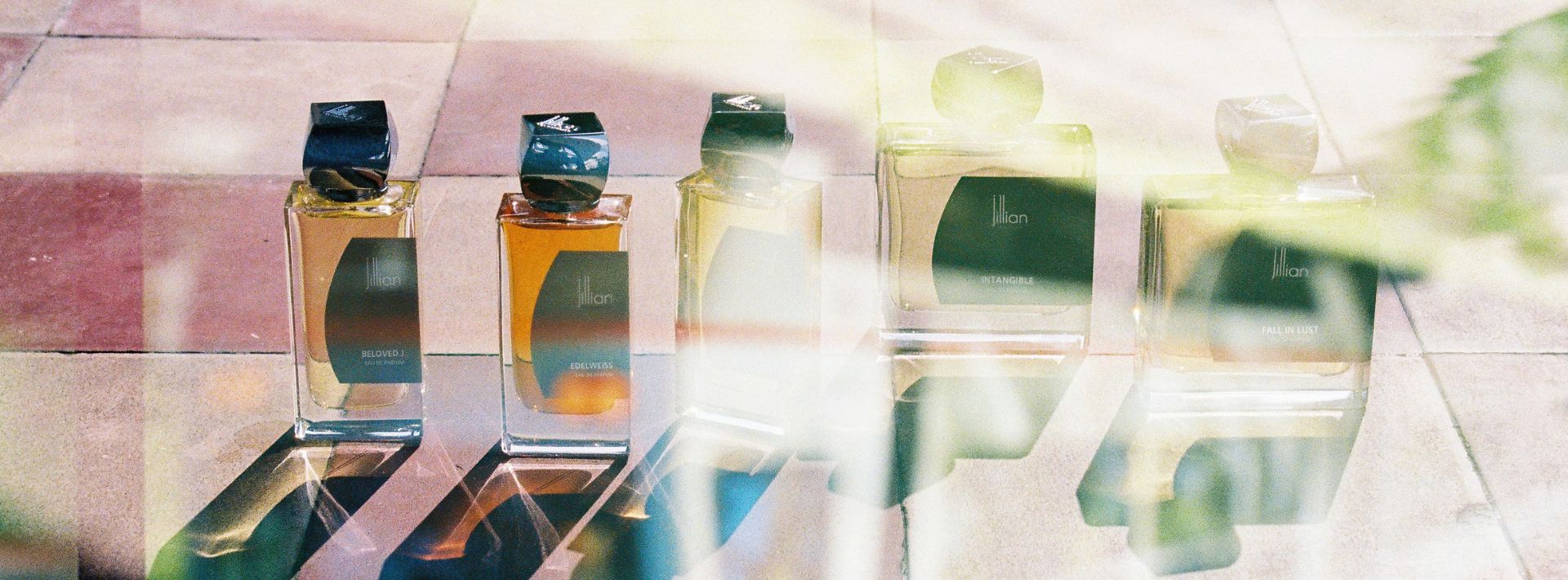 Quattro flaconi di profumo Jillian – Beloved J, Edelweiss, Intangible e Fall in Lust – appoggiati su una superficie di vetro in pieno sole