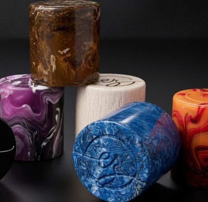 Foto von bunten Parfümflaschenverschlüssen/-kappen (violett, blau, weiß und orange), die nebeneinander auf einem dunklen Hintergrund angeordnet sind.