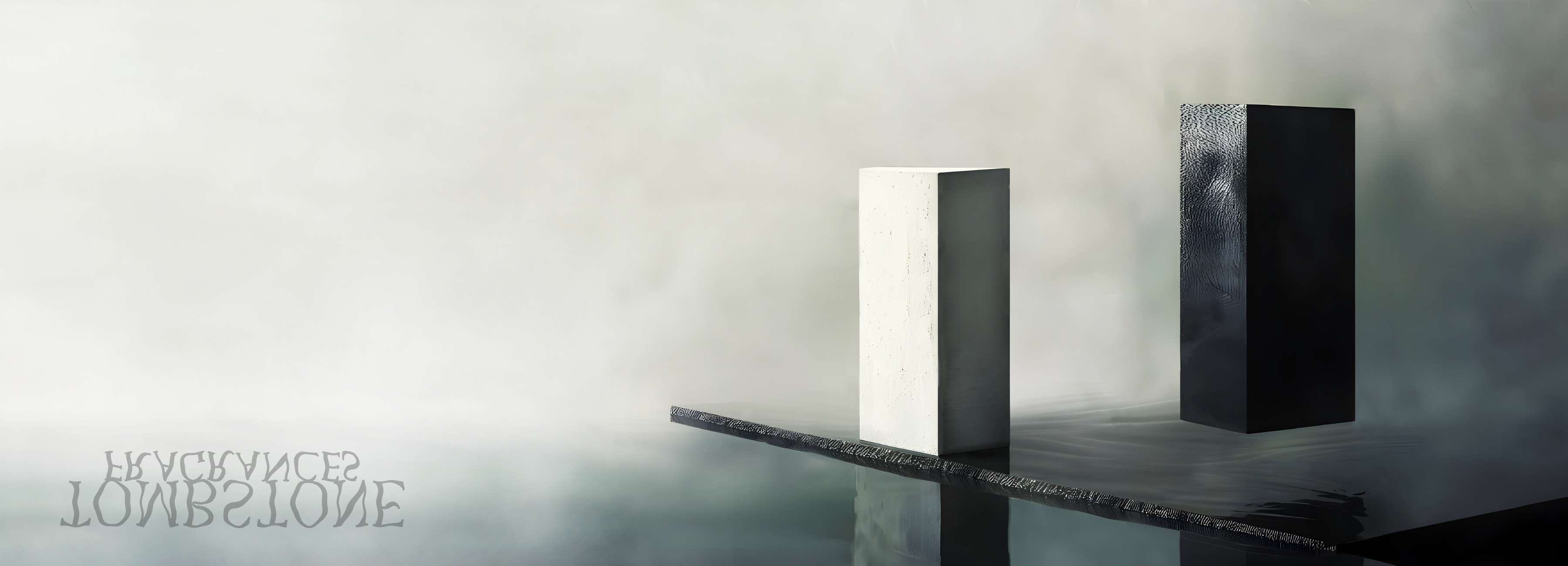 L'image présente une scène minimaliste et abstraite, mettant en avant deux grands blocs verticaux. Le premier bloc, à gauche, est de couleur blanche et a une surface lisse, tandis que le second bloc, à droite, est noir et présente une texture légèrement rugueuse, ce qui crée un contraste frappant entre les deux.

Les blocs sont placés sur une surface qui semble être de l'eau ou un reflet, ajoutant une dimension supplémentaire à la composition. L'arrière-plan est brumeux et diffus, avec des teintes douces de gris et de blanc qui donnent une impression de calme et de mystère. En bas à gauche, on peut voir une inscription stylisée qui semble faire référence à des thèmes sombres ou mystérieux. L'ensemble de l'image évoque une ambiance contemplative et artistique, jouant sur les contrastes de couleur et de texture.