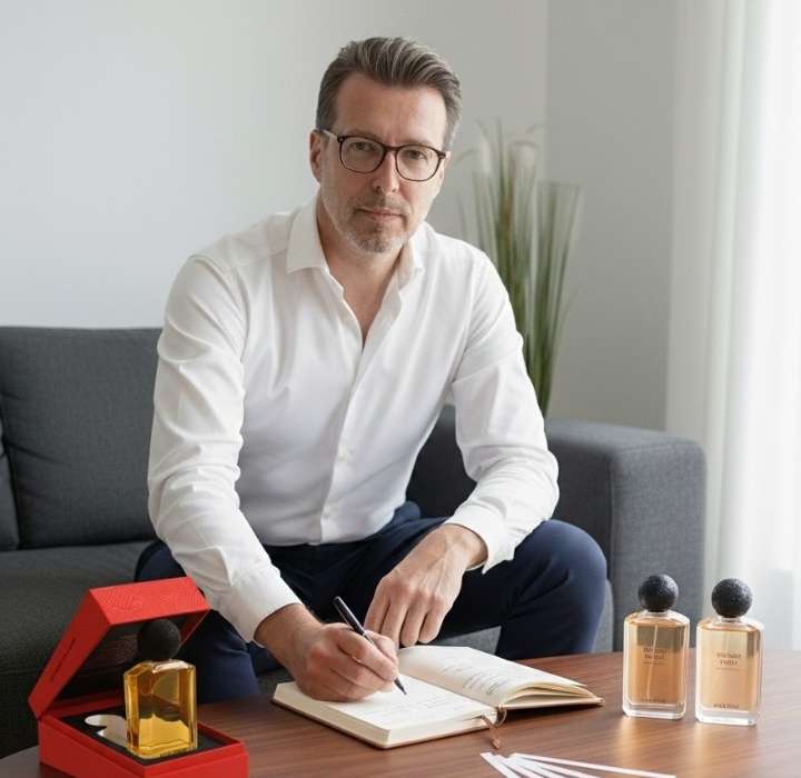 De afbeelding toont een man die op een grijze bank zit, een wit shirt en een bril draagt. Hij schrijft in een notitieboek dat op een houten tafel ligt. Naast hem staat een open rode doos met een parfumfles, evenals twee andere parfumflessen op de tafel. De achtergrond is helder en neutraal, met een groene plant die een vleugje kleur toevoegt.