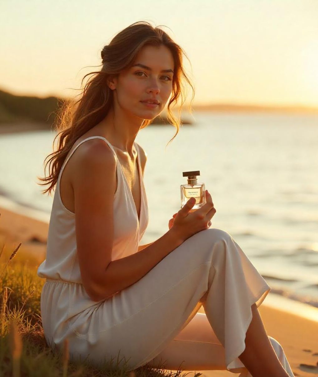 L'image présente une jeune femme assise sur le sable d'une plage. La lumière est douce et dorée. Elle porte une tenue légère et élégante blanche, qui s'harmonise avec les teintes du coucher de soleil. La femme regarde directement l'objectif avec un sourire léger, dégageant une aura de sérénité et de confiance. Dans sa main, elle tient un flacon de parfum. En arrière-plan, on peut voir l'eau de la mer qui reflète la lumière du soleil couchant, avec des vagues douces et un horizon lointain. Le paysage est apaisant, avec de longues herbes qui encadrent la scène. L'ensemble de la composition évoque un moment de beauté naturelle et de tranquillité.