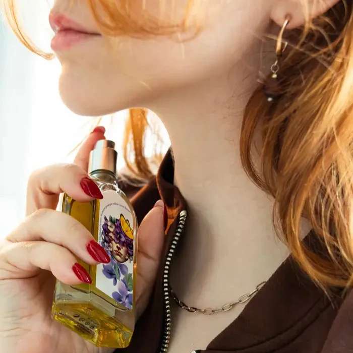 Une jeune femme rousse vaporise le parfum Violette Kew dans son cou