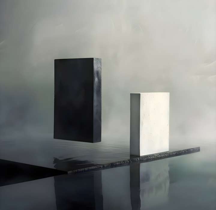 The image presents a minimalist scene, featuring two large vertical blocks that evoke the monolithic design of TOMBSTONE perfume bottles. The block on the left is black with a slightly textured surface, while the block on the right is white with a smooth finish. Both blocks appear to float above a reflective surface that could be water, creating a mirror-like effect. The background is misty and diffuse, with soft shades of gray adding an atmosphere of mystery. This misty atmosphere envelops the scene, giving an impression of calm and serenity. The whole evokes a reflection on contrasts and shapes, inciting contemplation.