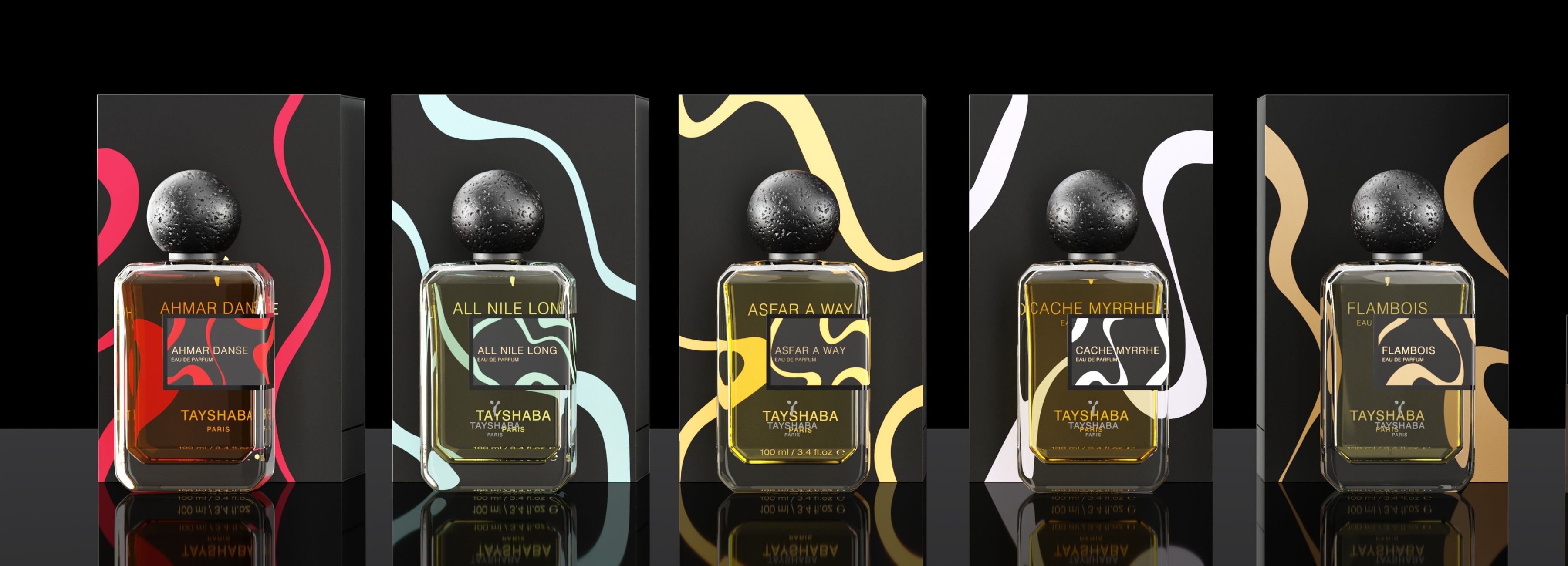 Cette image présente une collection de flacons de parfums de la marque Tayshaba, vendus sur le site SCENTISSIME. Chaque flacon a un design et une étiquette distinctifs, reflétant différentes fragrances de la gamme. Les noms des parfums sont clairement indiqués, comme